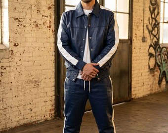 Men Brayden Leather Tracksuit, Jogging style Men's Geniune Leather Track Suit - Leather Sweatsuit Blue/White