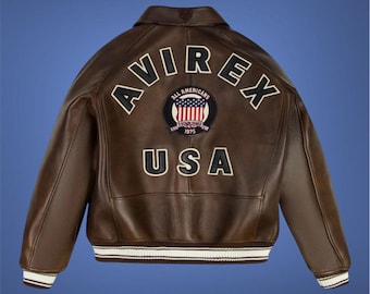 Men Brown Sheepskin Leather USA Pilot Bomber Jacket – Avirex Style Jacket - Gift For Him