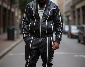 Black Leather Tracksuit - Jogging style Men Brayden Geniune Leather Track Suit - Leather Sweatsuit