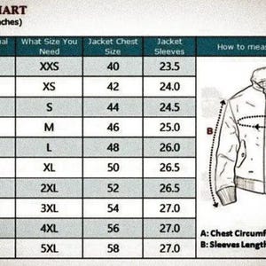 May include: A men's size chart with measurements in inches. The chart includes chest size, jacket size, and sleeve length, with a diagram illustrating how to measure chest circumference and sleeve length.