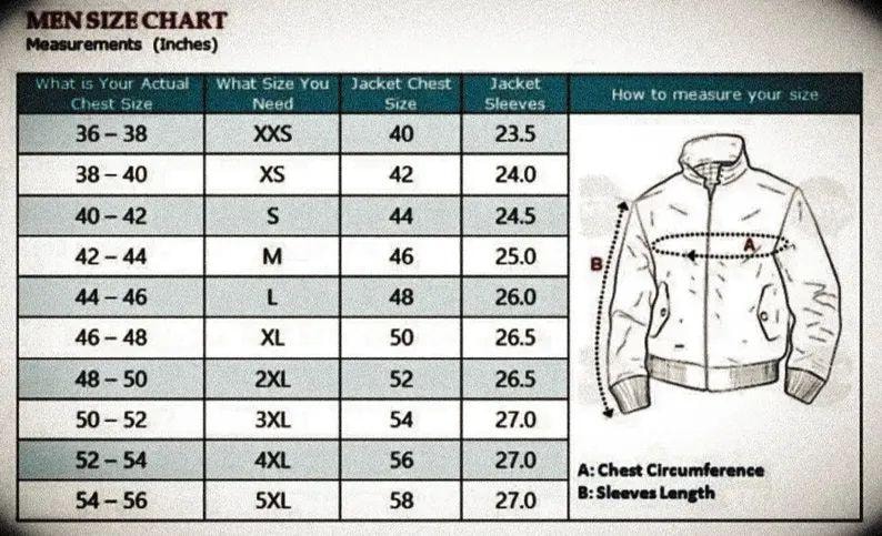 May include: A men's size chart with measurements in inches. The chart includes chest size, jacket size, and sleeve length, with a diagram illustrating how to measure chest circumference and sleeve length.