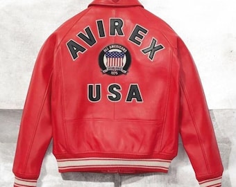 Men's Red Sheepskin Leather USA Pilot Bomber Jacket – Avirex Style Jacket