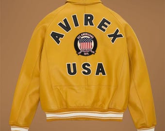 Men's Yellow Sheepskin Leather USA Pilot Flying Bomber Jacket – Avirex Style - Gift For Him