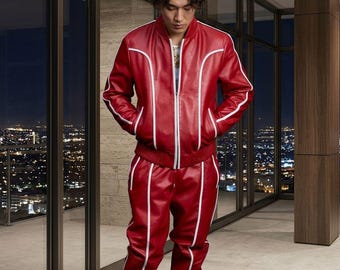 Red Leather Tracksuit - Jogging style Men Brayden Geniune Leather Track Suit - Leather Sweatsuit
