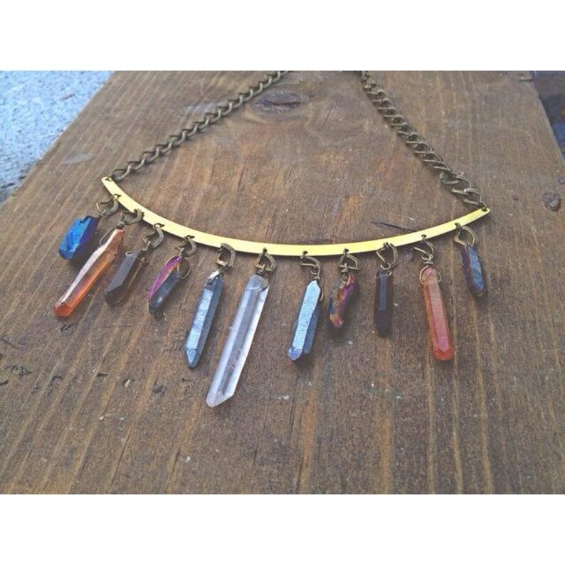 11 Crystals Total. Quartz Crystal Raw Brass Large Collar Necklace Choker