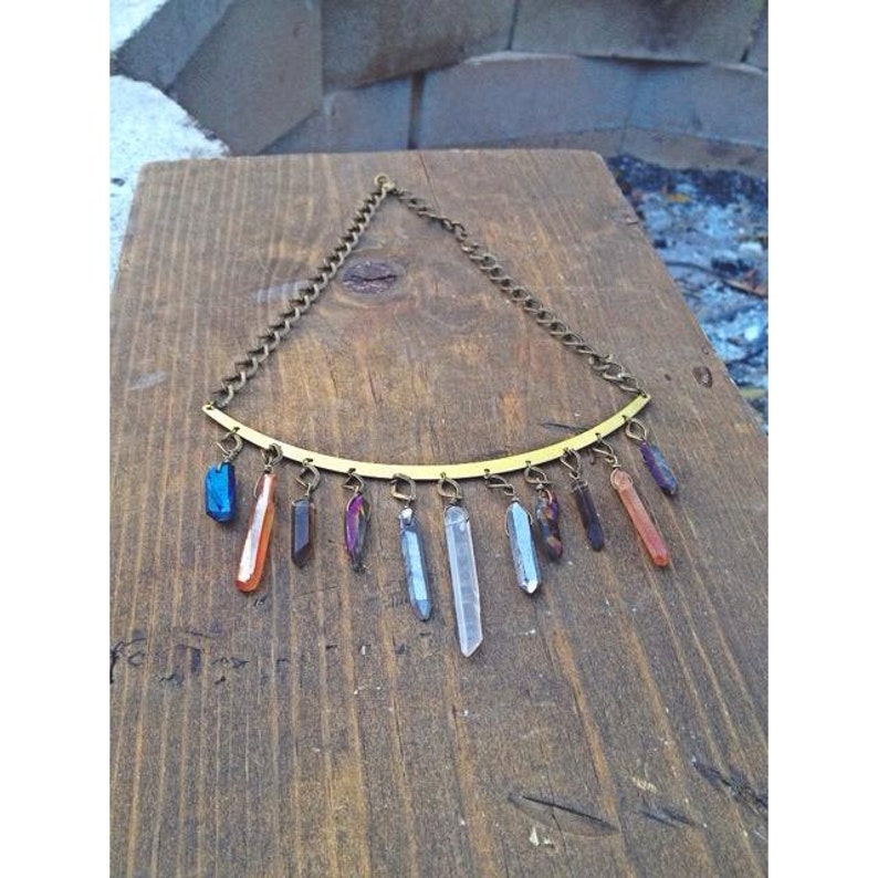 11 Crystals Total. Quartz Crystal Raw Brass Large Collar Necklace Choker