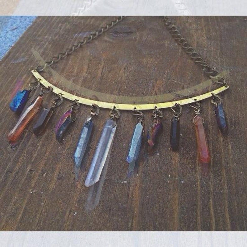 11 Crystals Total. Quartz Crystal Raw Brass Large Collar Necklace Choker