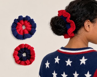 Patriotic Knitted Scrunchie, Red Blue Hair Tie, Oversized Knit Scrunchie, 4th of July Hair Accessory, Ponytail Holder