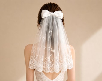 Romantic Bridal Bow Veil, Lace Wedding Hair Clip, Bridal Shower Veil Bow, Elegant Bride Hair Accessory, Courthouse Wedding, ~14" Veil