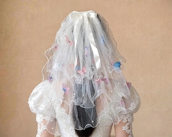 Bruidssluier met kam, vlindertule bruidssluier, dubbellaagse korte sluier, romantisch organza haaraccessoire, elegante bruidszendspoelcadeau