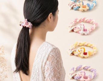 Schattig paardenhaar stropdas paardenstaart houder, cartoon kawaii haarstuk voor kinderen, gevlochten elastische haarband, kleurrijke dieren scrunchie, cadeau voor meisjes