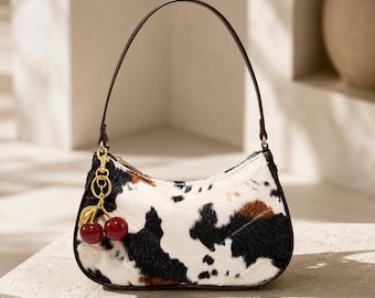 Bolso de hombro de pelo de becerro con estampado de vaca, elegante bolso baguette, mini bolso de mano llamativo