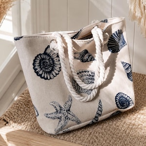 Canvas Shell Print Tote Bag Grande Capacità Beach Shoulder Bag Coastal Style