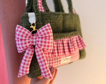 Handmade Green & Pink Gingham Tote Bag with Pink Gingham Bow, Shoulder Bag with front pocket