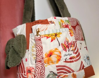 Handmade Autumn Patchwork Tote Bag, Quilted Pumpkin Shoulder Bag with pocket, Bow Charm, Writstlet and Coin Purse