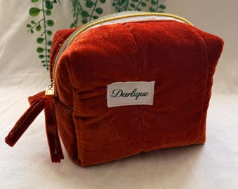 Dunkel Orange gesteppte Samt Boxy Make-up Tasche, Reisekulturbeutel