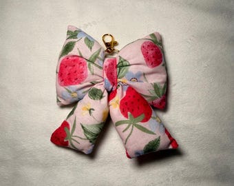 Handmade Bow Bag Charm, Strawberry Print Fabric Keychain, Cute Purse Accessory with Gold Clasp