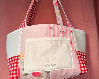 Handmade Patchwork Tote Bag, Quilted Shoulder Bag with Ginghams and floral prints, pocket and strap Bag