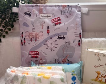 Cute London Print Baby Nappy Pouch, Handmade Waterproof Baby Essentials Bag & Wipes Holder