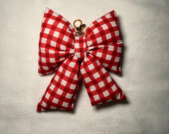 Handmade Bow Bag Charm, Red Gingham Print Fabric Keychain, Cute Purse Accessory with Gold Clasp