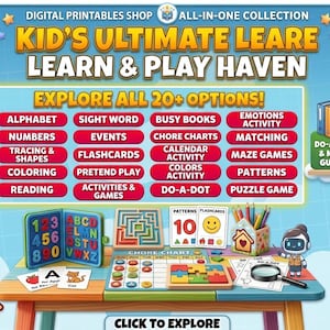 Puede incluir: Una colorida colección digital imprimible para niños, con juegos y actividades educativas. La imagen muestra una variedad de herramientas de aprendizaje, incluyendo opciones de alfabeto, números, trazos y coloreado. El texto dice "Kid's Ultimate Learn & Play Haven".