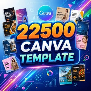 以下が含まれることがあります： Canvaテンプレートのプロモーション画像で、大きなカラフルな文字で「22500 CANVA TEMPLATE」というテキストが表示されています。マーケティング、フードメニュー、美容など、さまざまなテーマのさまざまなデザインテンプレートがテキストを囲んでいます。Canvaのロゴが大きく表示されています。
