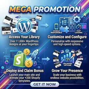 Puede incluir: Un gr&aacute;fico promocional azul con el texto "MEGA PROMOTION" y "GET IT NOW". La imagen muestra elementos de dise&ntilde;o web, incluido el logotipo de WordPress, una bolsa de compras y un cohete, con las frases "Access Your Library", "Customize and Configure", "Deploy and Claim Bonus" y "Grow Your Presence".