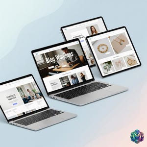 Puede incluir: Una colecci&oacute;n de ordenadores port&aacute;tiles y tabletas plateadas que muestran maquetas de sitios web. Los port&aacute;tiles muestran el texto "Blog Wordhess" y "Portfolio Template". Las tabletas muestran joyas y plantillas de sitios web. El fondo es un degradado de azul claro y blanco.