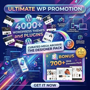 May include: Promotional graphic with the text "ULTIMATE WP PROMOTION" and "4000+ WORDPRESS THEMES and PLUGINS." Includes icons for blazing speed, device compatibility, and endless options. Features an Etsy Shop badge and a "GET IT NOW" button.