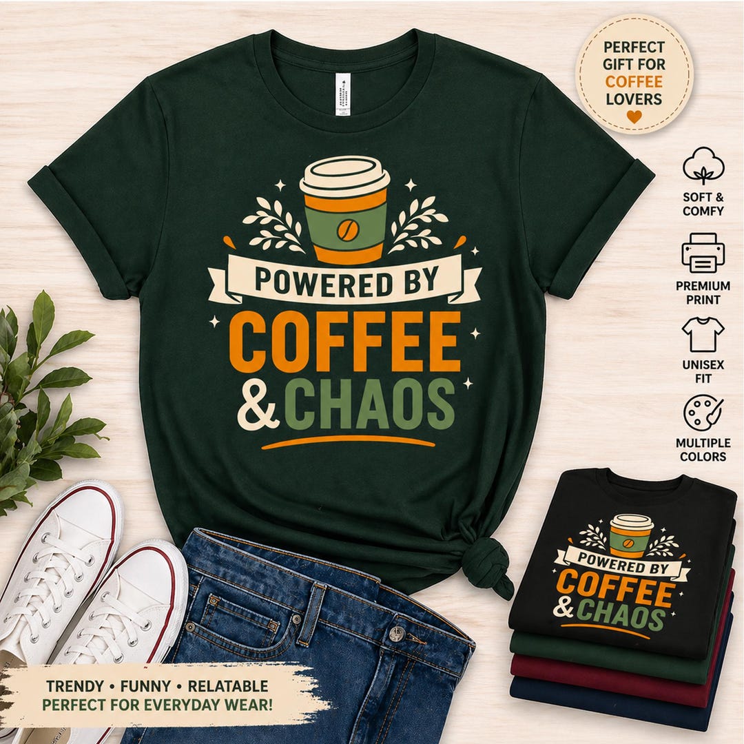 Powered by Coffee and Chaos Shirt, Funny Coffee Lover Tee, Mom Life T ...
