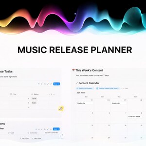 Può includere: Un pianificatore digitale di uscite musicali con il titolo "MUSIC RELEASE PLANNER". Include sezioni per le attività di rilascio correnti, un piano di rilascio, azioni promozionali e un calendario dei contenuti. Lo sfondo presenta un design astratto colorato.