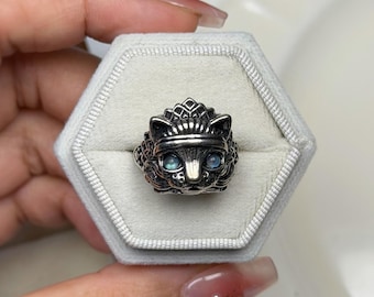 グレームーンストーンの猫リング｜天然石｜神秘的なジャガーの守護リング｜サイズ調整可能なレトロメッキリング