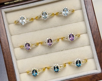 Topaz, Amethyst Ring | Natural Gemstone | Adjustable Gold Plated Ring | Solitaire Jewelry | Birthstone Jewelry