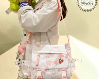 Kawaii Rosa Umhängetasche, Harajuku Stil, Große Kapazität Schultasche, Pastell Tragetasche
