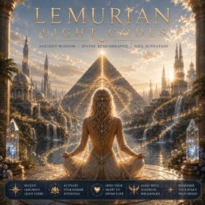 May include: A digital illustration titled LEMURIAN LIGHT CODES featuring a person meditating before a glowing pyramid and waterfalls. Text includes ANCIENT WISDOM, DIVINE REMEMBRANCE, SOUL ACTIVATION, and instructions to receive codes and align frequencies.
