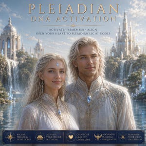 May include: Two individuals with long blonde hair wearing white garments with gold embroidery stand before a fantasy city with waterfalls. Text reads: PLEIADIAN DNA ACTIVATION, ACTIVATE, REMEMBER, ALIGN, OPEN YOUR HEART TO PLEIADIAN LIGHT CODES.