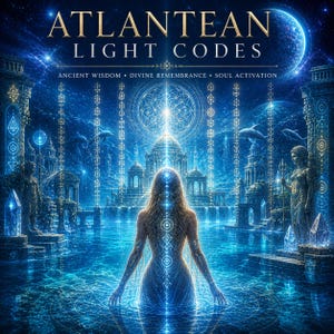 May include: Digital art featuring the text "Atlantean Light Codes" above a woman standing in water, with a glowing aura. The image has a blue and gold color scheme, with architectural elements and a celestial background.