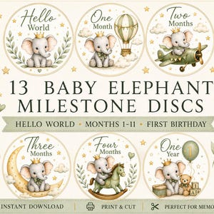 13 Dischi PNG per le tappe di crescita di un elefantino | Carte mensili per le tappe di crescita di un bambino | Da "Ciao mondo" a un anno | Decorazioni per la cameretta con elefantino ad acquerello