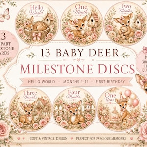 Könnte beinhalten: Ein Set aus 13 Meilenstein-Karten für Babys mit Reh-Illustrationen und Blumenmotiven. Der Text umfasst Hello World, One Month, Two Months, Three Months, Four Months und One Year. Das Design zeigt zarte rosa Rosen, Schmetterlinge und Vogelhäuschen in einem Vintage-Stil.