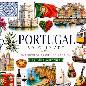 Peut inclure: Une collection numérique de 60 illustrations aquarelles représentant des monuments portugais, le drapeau national, un coq, un tramway jaune, un voilier, une guitare, un lapin, du vin, une pâtisserie et des paysages côtiers avec le texte PORTUGAL 60 CLIP ART.
