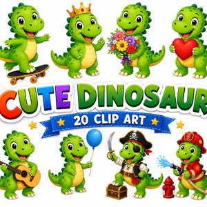 Cute Dinosaur Clipart PNG, Kawaii Baby Dino Clip Art Set, Dinosaur Pirate, Firefighter, Guitar, Balloon, Crown, Flowers, Commercial Use