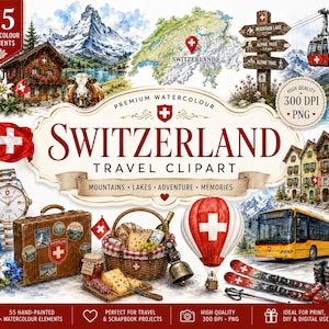 May include: A collection of 55 watercolor illustrations featuring Swiss-themed elements including a mountain landscape, a map of Switzerland, a wooden chalet, a cow, a cable car, a watch, a suitcase, a picnic basket, a hot air balloon, and a bus.