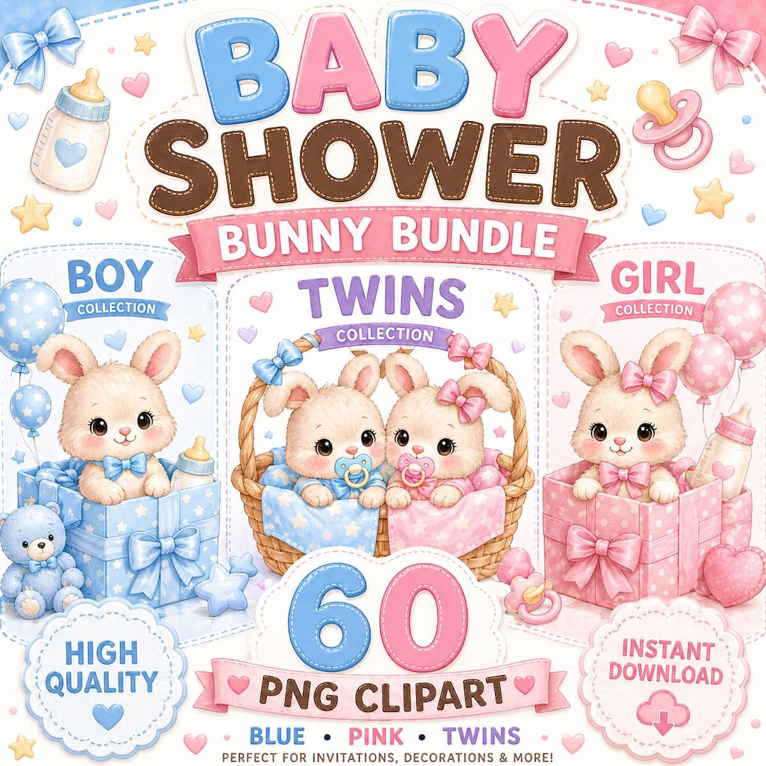 Baby Shower Bunny Clipart Bundle – 60 PNG Cute Rabbits, Blue Pink Twins ...