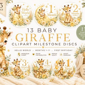 Può includere: Un set di 13 dischi circolari per le tappe fondamentali del bambino con illustrazioni ad acquerello di giraffe, fiori e orsacchiotti. Il testo include 13 DISCS, 13 BABY GIRAFFE CLIPART MILESTONE DISCS, HELLO WORLD, MONTHS 1-11 e FIRST BIRTHDAY.
