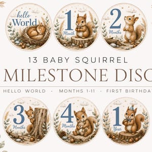 Milstolpekort för bebisar med ekorre | 13 milstolpekort för bebisar i skogen | Hej världen & 1-11 månader + första födelsedag | Utskrivbar babyshowerpresent