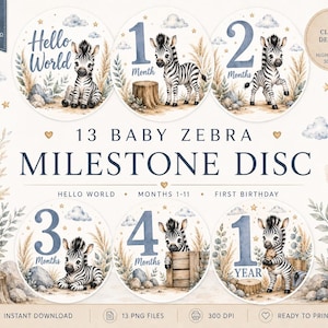Milstolpeskivor för babyzebra i PNG | 13 akvarellmilstolpekort för babyer | Hej världen till 1 år | Milstolpeskyltar för safaribarnkammaren | Babyshower