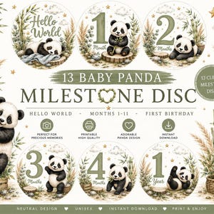 May include: A set of 13 digital milestone discs featuring watercolor baby panda illustrations, bamboo stalks, and pampas grass. The designs include text for Hello World, months 1 through 11, and First Birthday, presented in a neutral, earthy color palette.