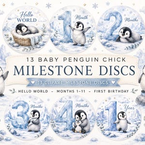 Può includere: Un set di 13 dischi circolari per tappe fondamentali con pulcini di pinguino in paesaggi innevati. Il testo recita 13 BABY PENGUIN CHICK MILESTONE DISCS, 13 CLIPART MILESTONE DISCS, HELLO WORLD, MONTHS 1-11 e FIRST BIRTHDAY in blu.