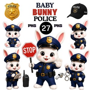 May include: A set of cartoon images showing white bunny characters in police uniforms. The bunnies are wearing blue hats and uniforms with badges. Accessories include a stop sign, handcuffs, a radio, and a whistle. The text "BABY BUNNY POLICE" is displayed.
