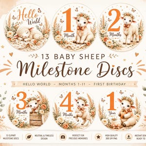 May include: A set of 13 circular baby milestone discs featuring illustrations of lambs, flowers, and butterflies. The discs are labelled Hello World, months 1 through 11, and 1 Year. The text 13 BABY SHEEP Milestone Discs is centred on the page.